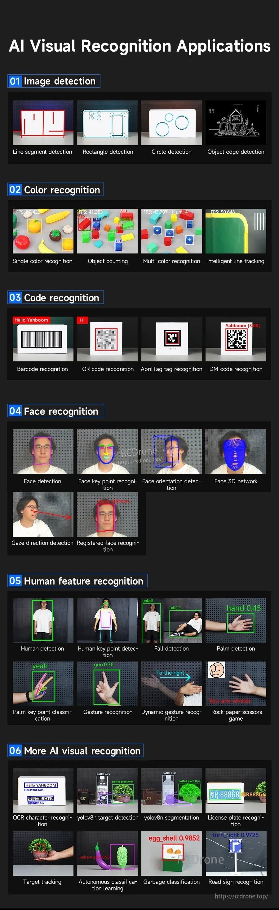 AI application menu examples including image detection, color recognition, code scanning, face/body, and gesture recognition