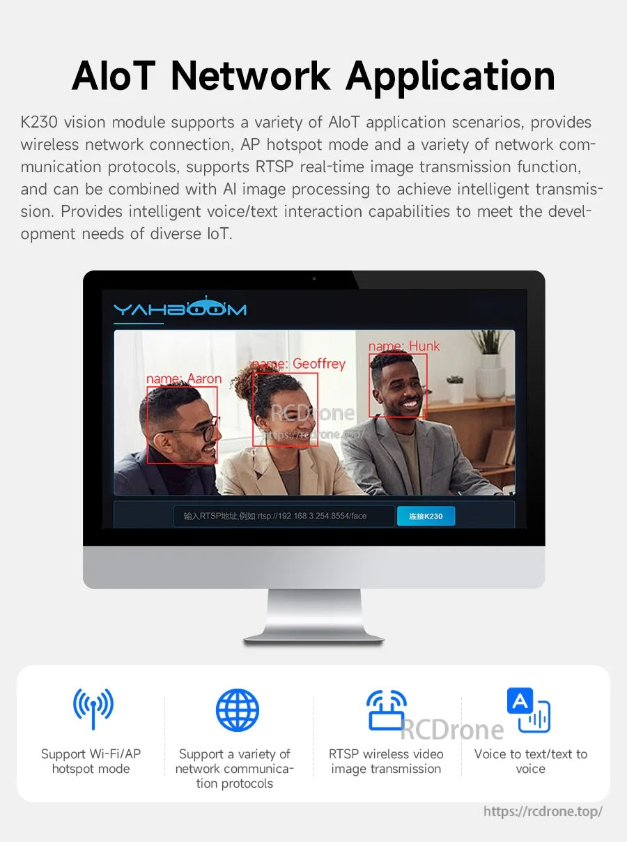AIoT network application screen showing RTSP stream with detection boxes plus WiFi/AP and voice interaction icons