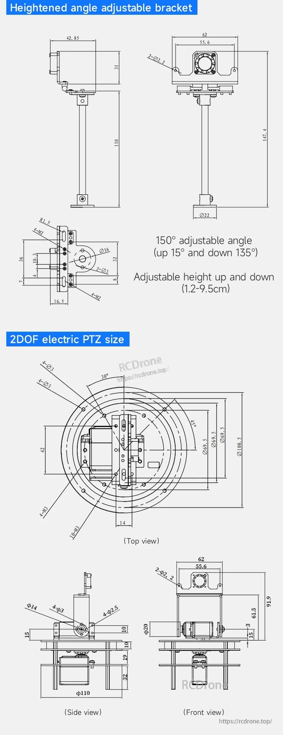 Dimension diagram of Yahboom K230 AI camera module on 2DOF electric PTZ bracket with adjustable angle and height