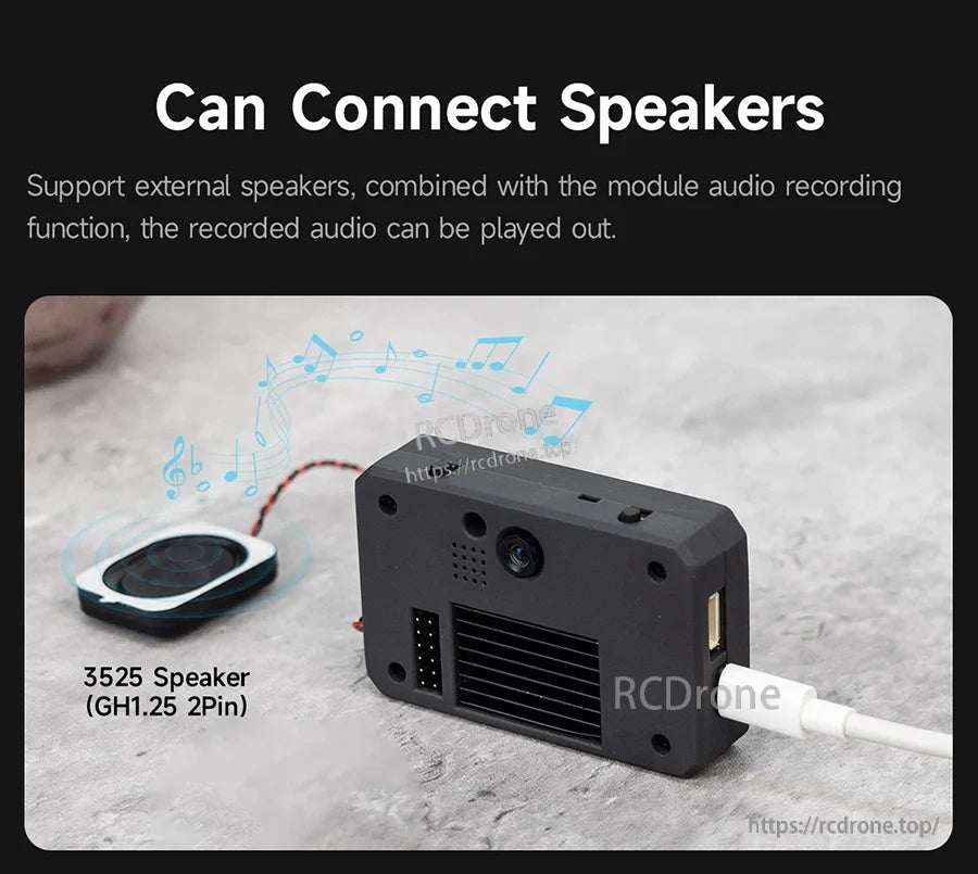 K230 module connected to a 3525 external speaker via GH1.25 2-pin, demonstrating audio playback support