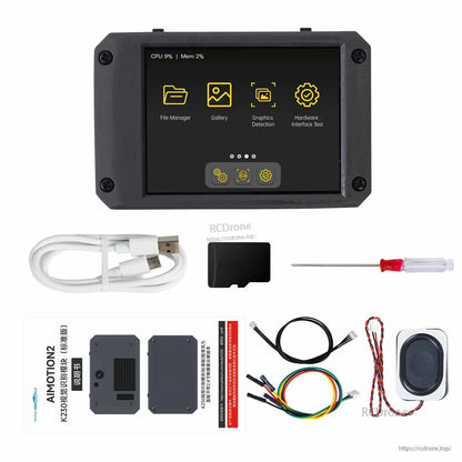 Yahboom K230 AI camera module kit with 2.4-inch touchscreen display, USB cable, microSD card, and wiring leads