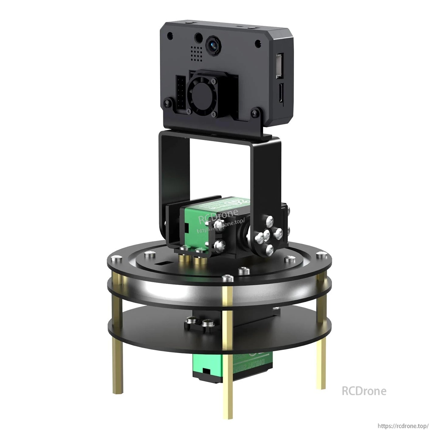 Yahboom K230 AI vision camera module on a metal bracket with USB ports, mounted on a circular platform base