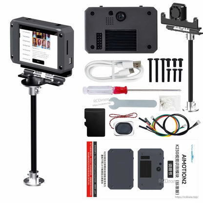 Yahboom K230 AI camera module kit with 2.4-inch touchscreen, USB cable, mounting bracket, screws, and wiring leads