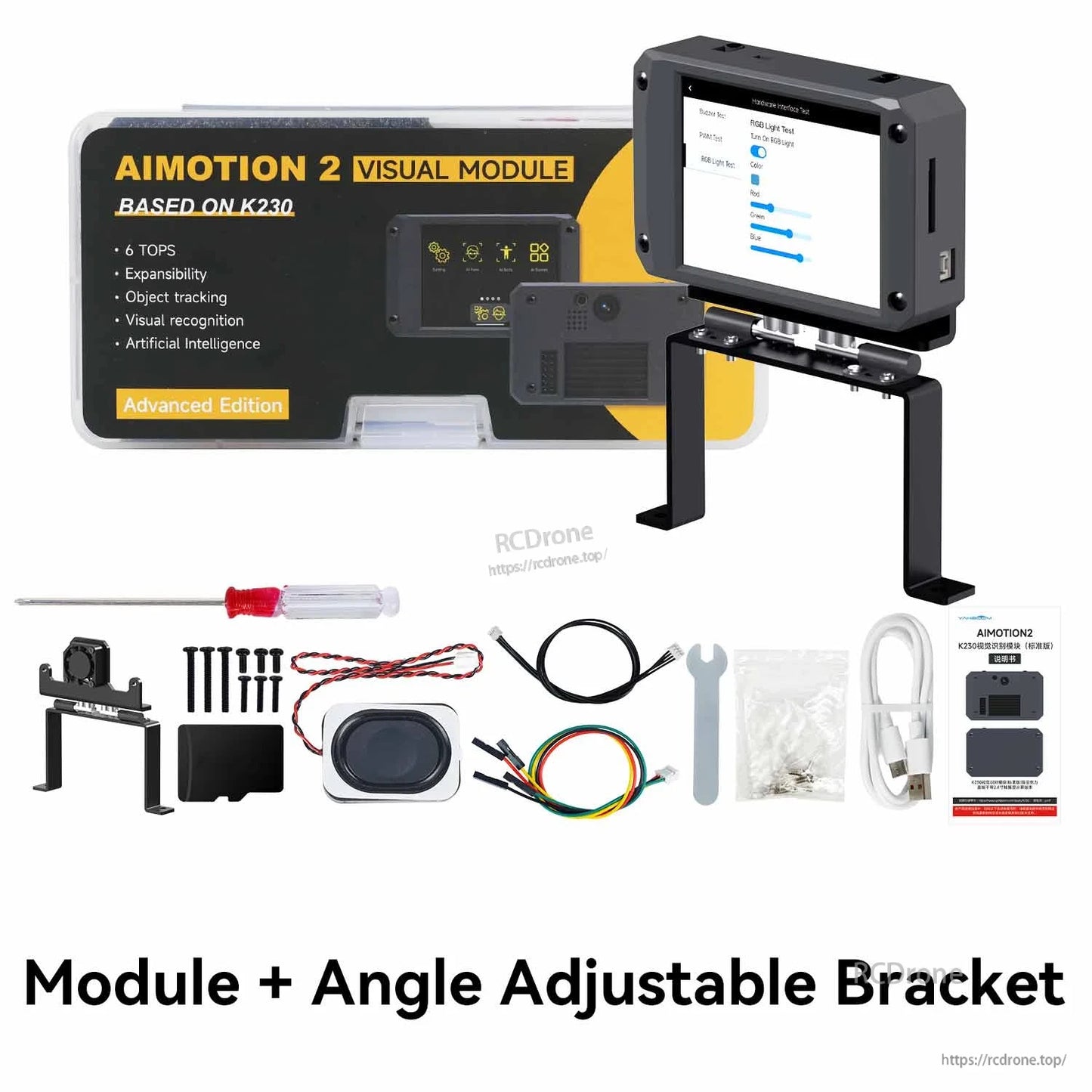 AIMOTION2 K230 visual AI camera module with screen on adjustable bracket, plus cables, screwdriver, and mounting parts