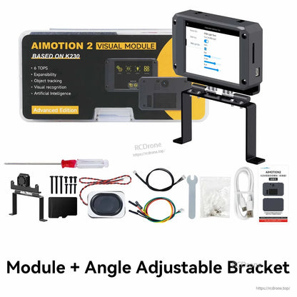 AIMOTION2 K230 visual AI camera module with screen on adjustable bracket, plus cables, screwdriver, and mounting parts