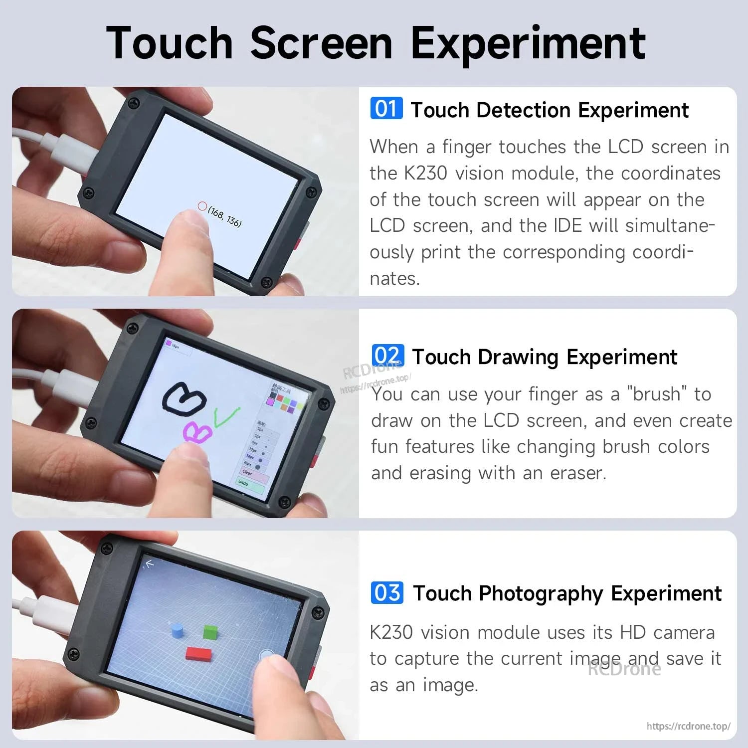 Touch screen experiments on K230 module: touch detection, drawing on screen, and touch photography examples