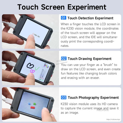 Touch screen experiments on K230 module: touch detection, drawing on screen, and touch photography examples