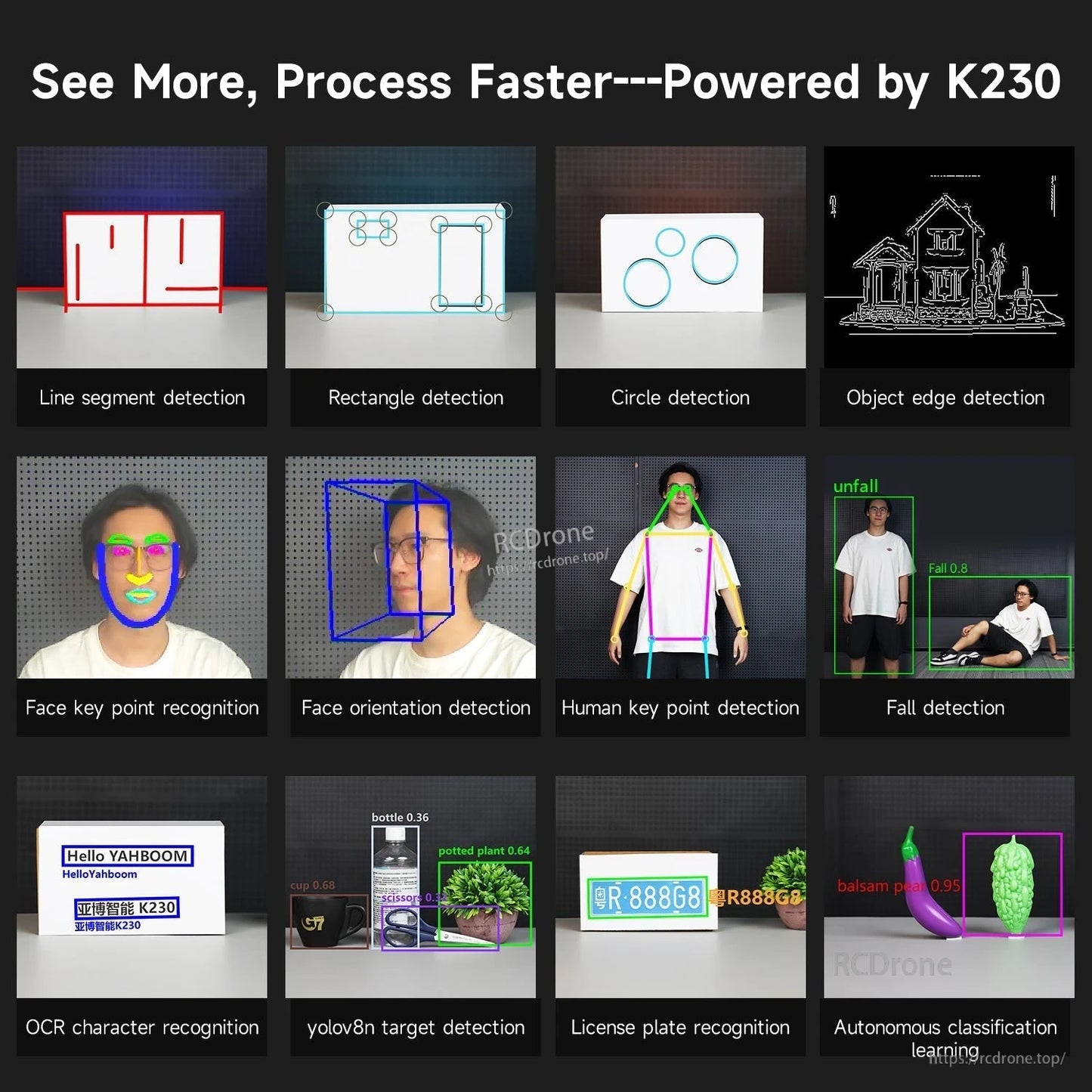 AI vision functions grid for K230: line, shape and edge detection, keypoints, OCR, license plate and fall detection