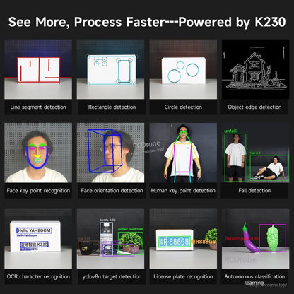 AI vision functions grid for K230: line, shape and edge detection, keypoints, OCR, license plate and fall detection