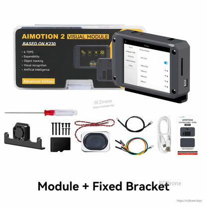 Yahboom AIMOTION2 K230 visual module kit with touchscreen display, mounting bracket, screws, cables, and USB lead