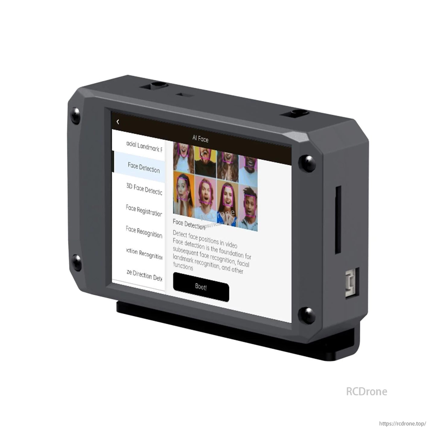 Yahboom K230 vision recognition module front view with touchscreen showing AI face app menu interface