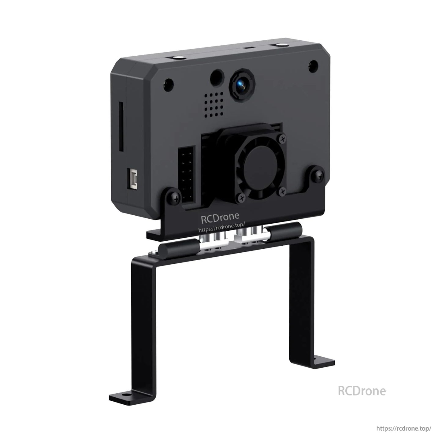 Rear angle on U-shaped stand showing lens area, fan bracket, and side slot opening