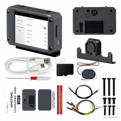 Yahboom K230 vision recognition camera module with 2.4-inch touchscreen display, rear camera lens, cables and mounting screws