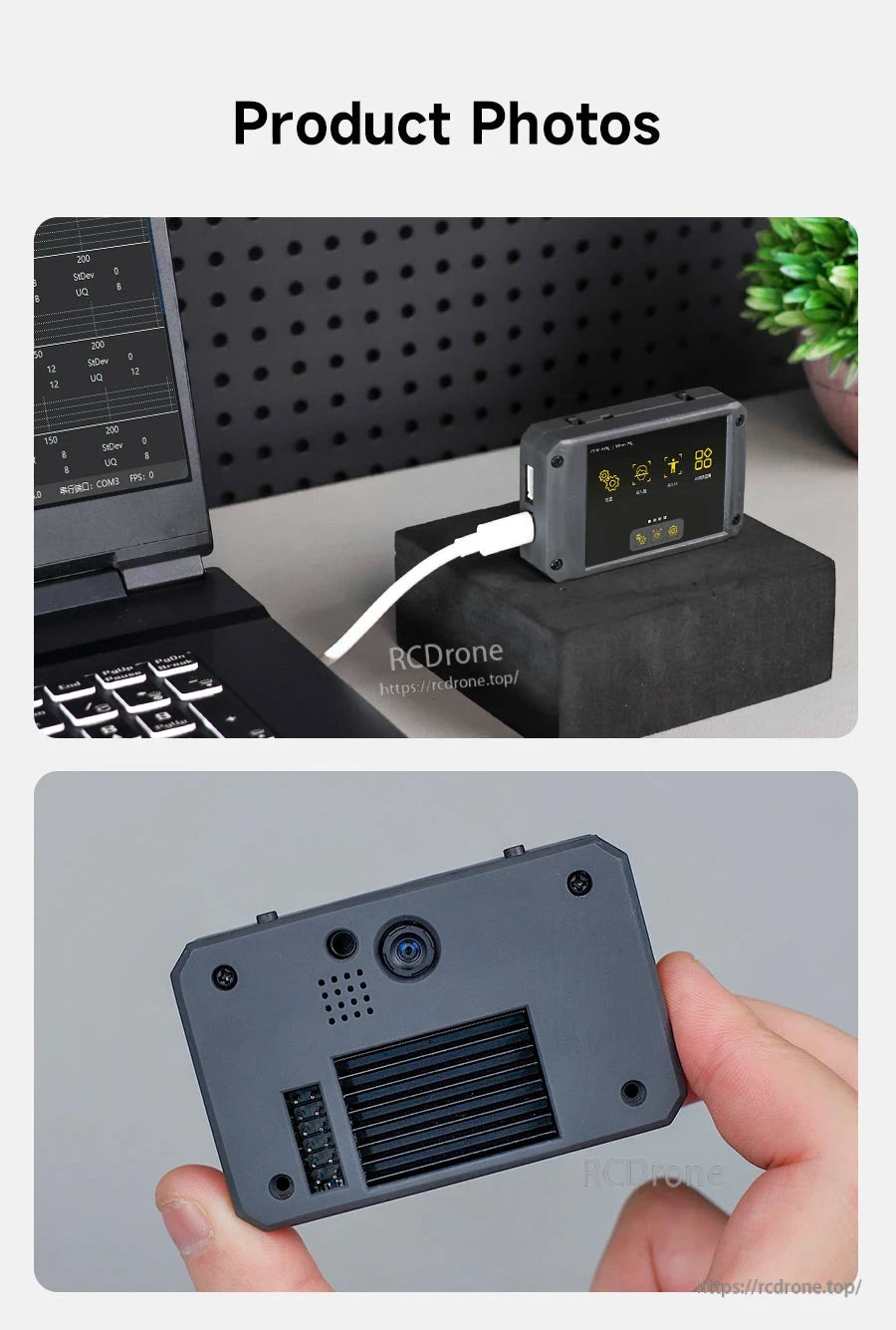 Yahboom K230 AI vision camera module with touchscreen case, connected by USB cable and rear vented panel