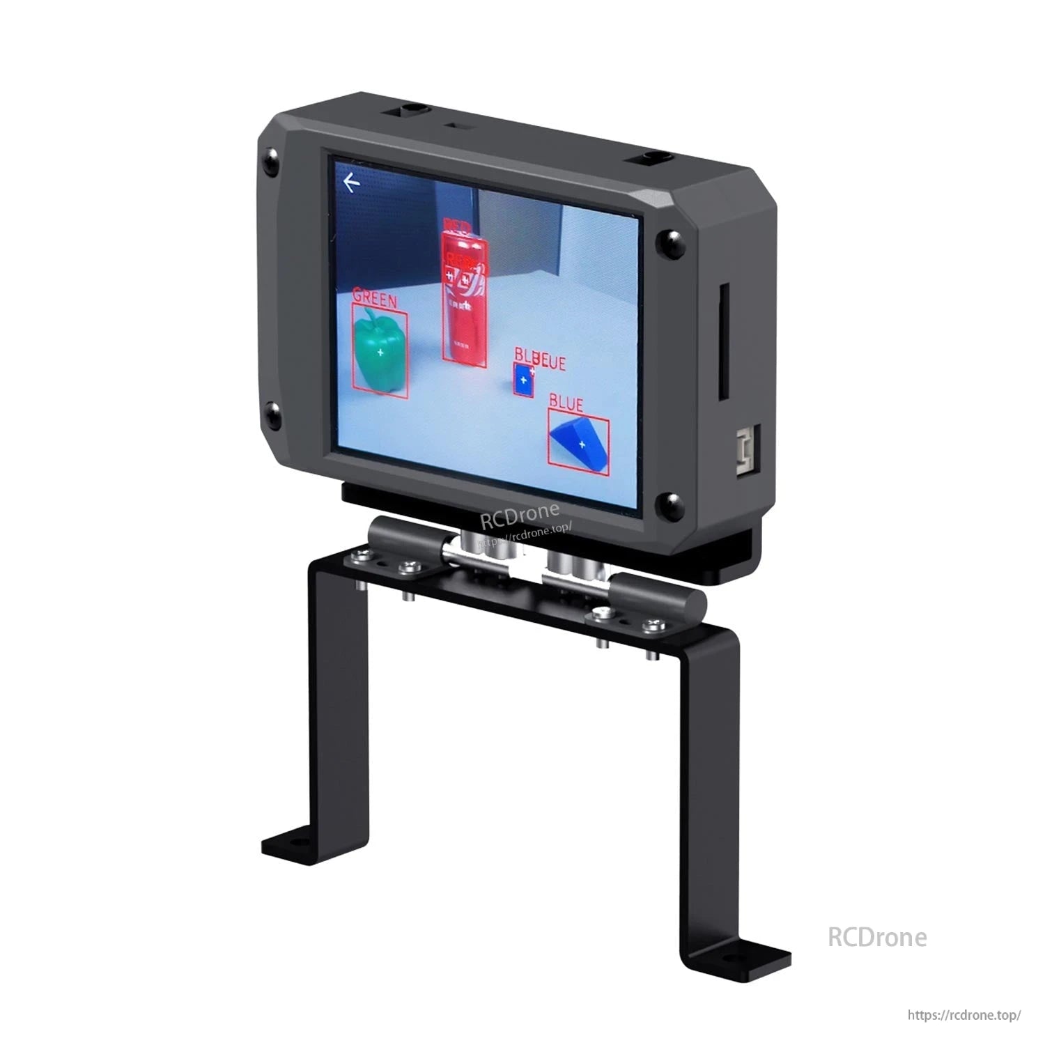 Module on U-shaped stand showing object detection boxes on the touchscreen display