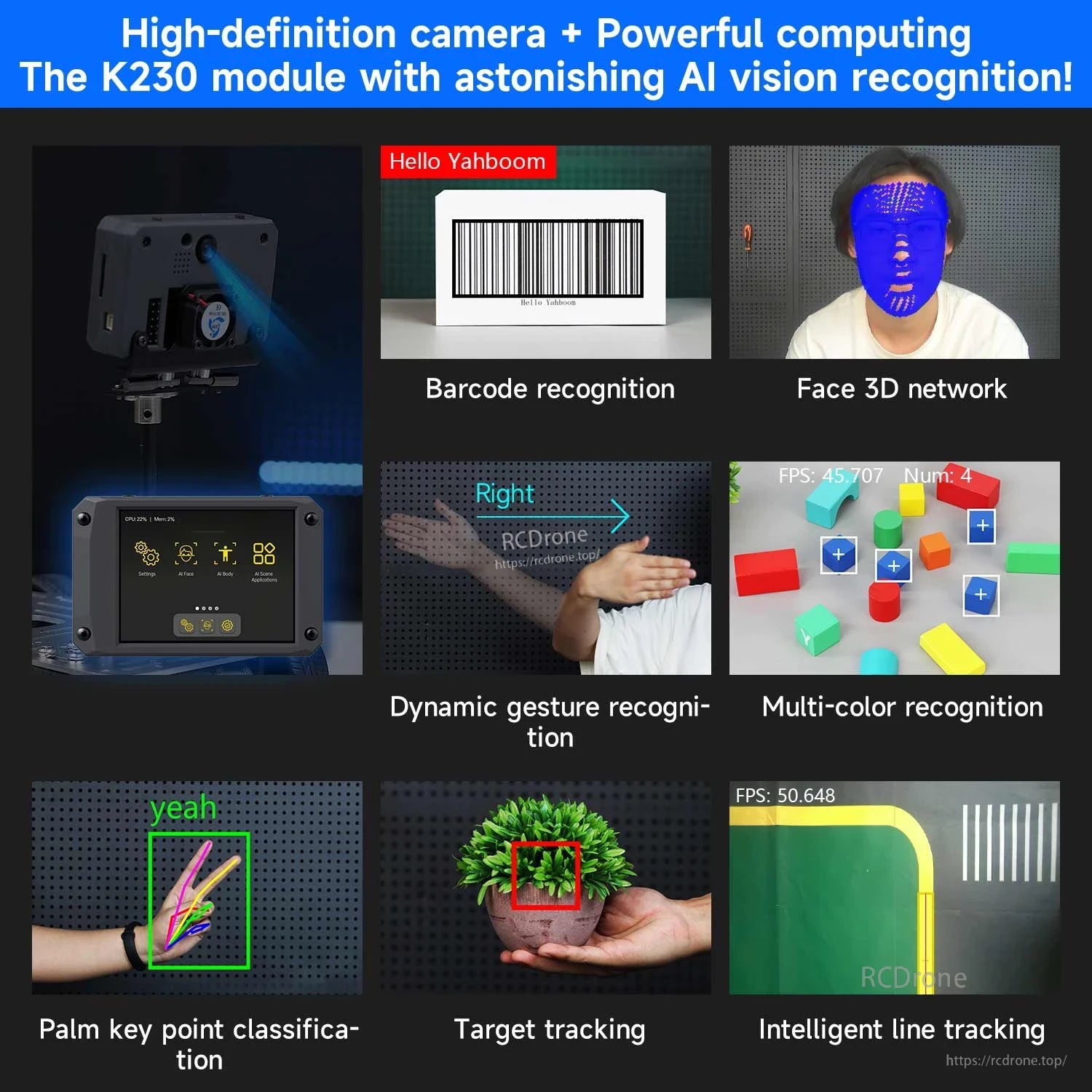 AI vision demo collage: barcode scan, gesture recognition, color recognition, target tracking, and line tracking examples