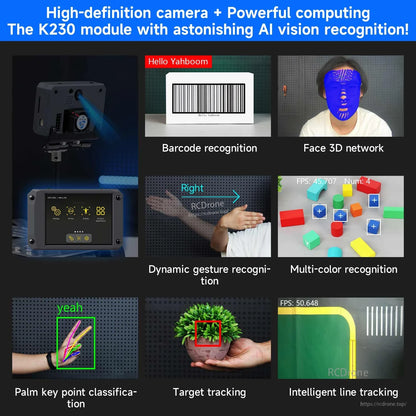 AI vision demo collage: barcode scan, gesture recognition, color recognition, target tracking, and line tracking examples