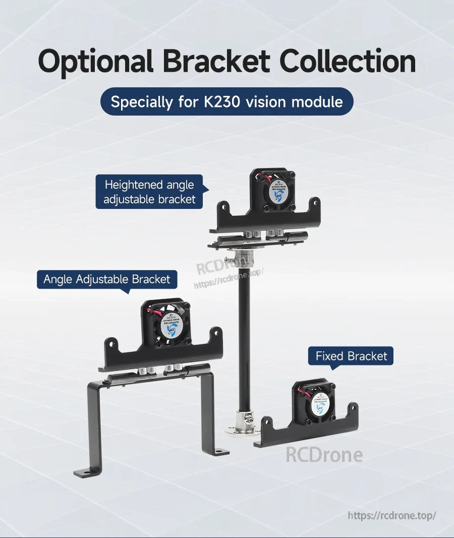 Yahboom K230 Vision Module Bracket options: fixed, angle-adjustable, and heightened adjustable stand
