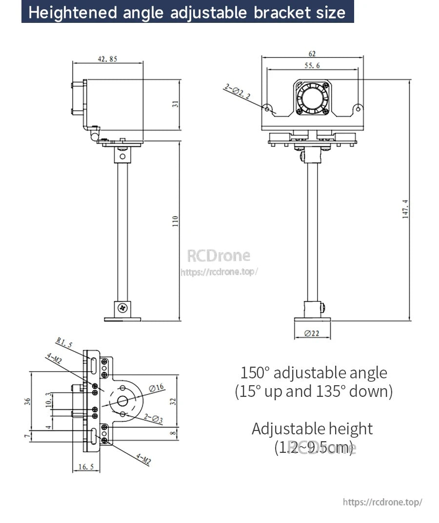 Heightened angle-adjustable bracket size drawing in mm with 150° pitch and 1.2–9.5 cm height range