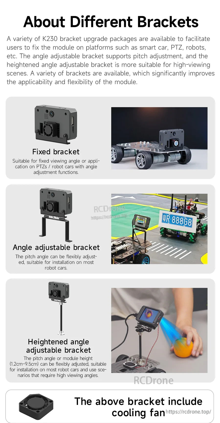 Comparison of fixed, angle-adjustable, and heightened brackets with example robot car and PTZ uses