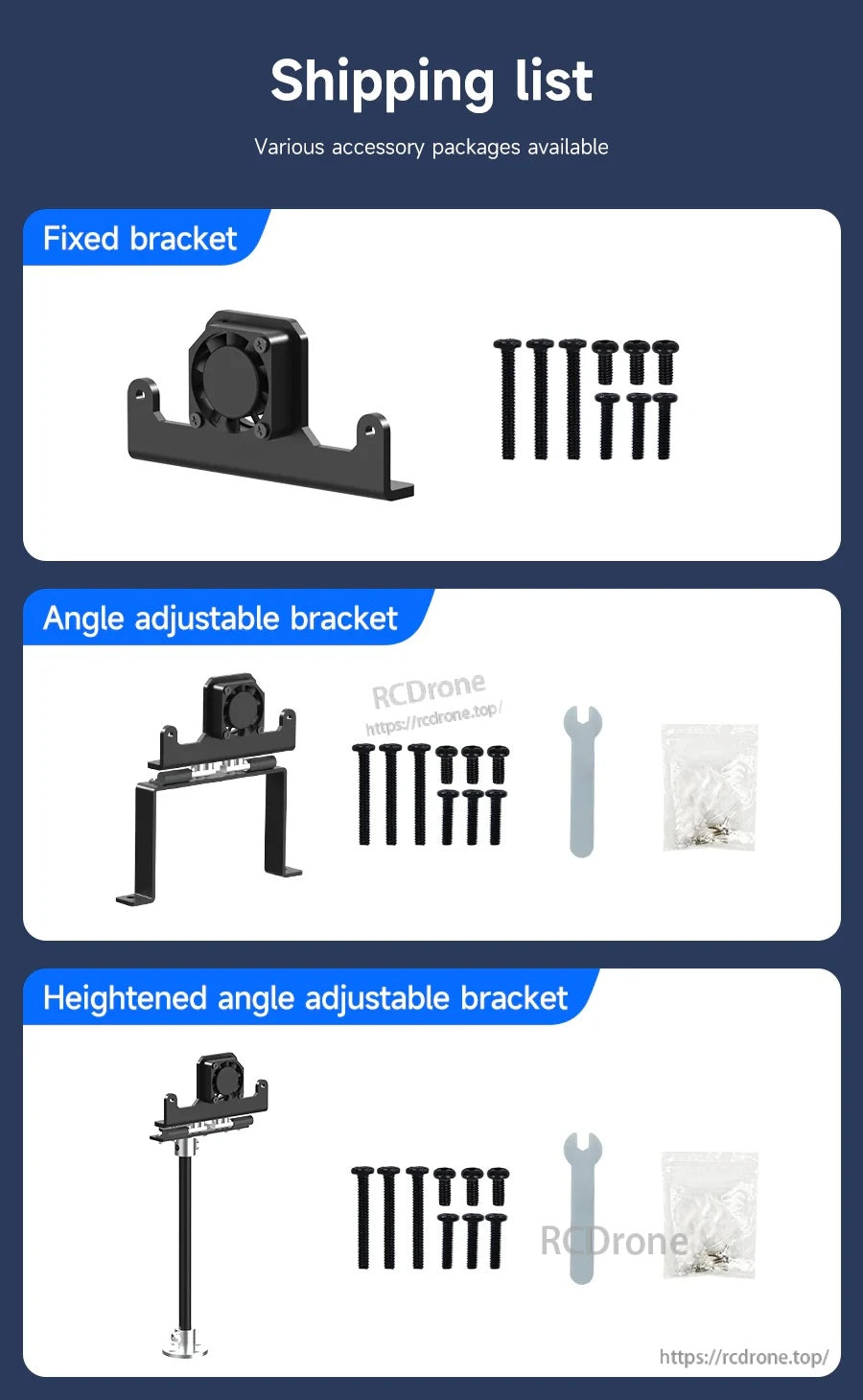 Package contents for K230 bracket kits: fixed, angle-adjustable, and heightened angle-adjustable with tools