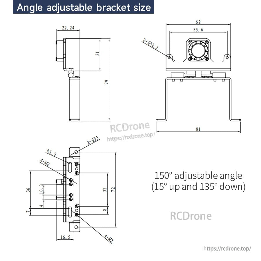 Angle-adjustable bracket size drawing in mm with 150° pitch adjustment range (15° up, 135° down)
