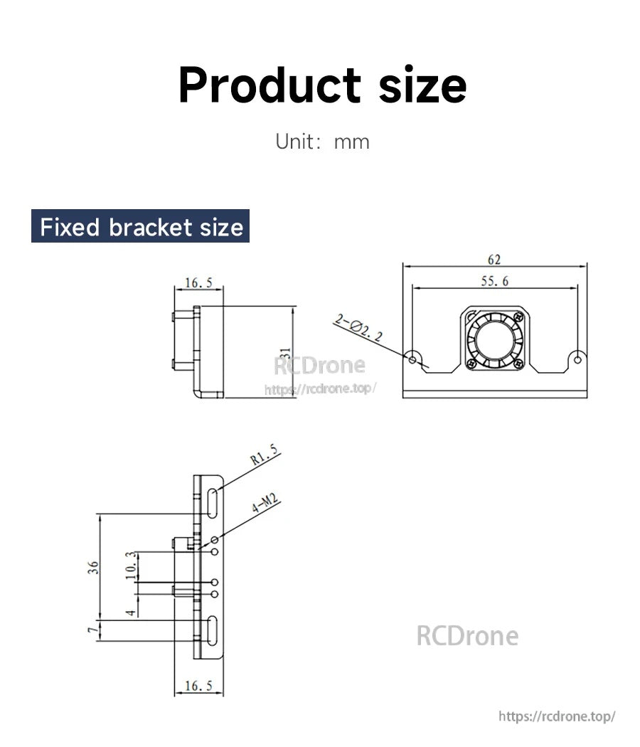Fixed bracket dimension drawing in mm for mounting the K230 vision module, width 62 mm