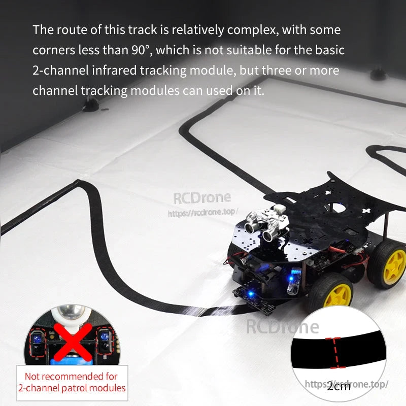 Robot car following complex track; note shows not recommended for 2-channel tracking modules, 2cm line