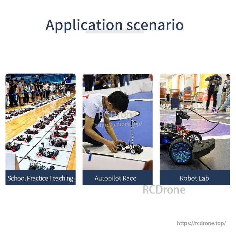 Application scenarios collage: school practice teaching, autopilot race, and robot lab track use