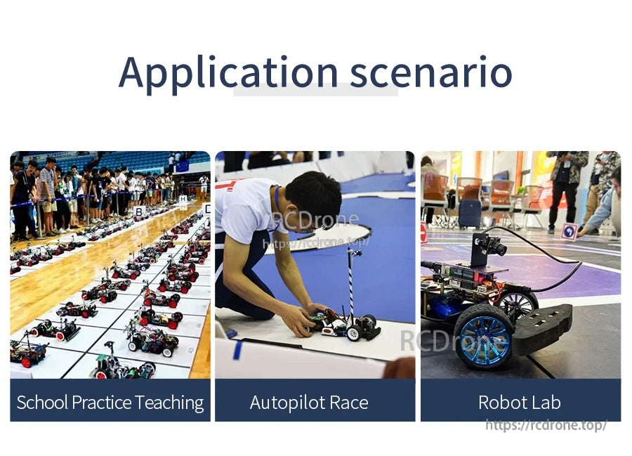 Application scenarios collage: school practice teaching, autopilot race preparation, and robot lab testing