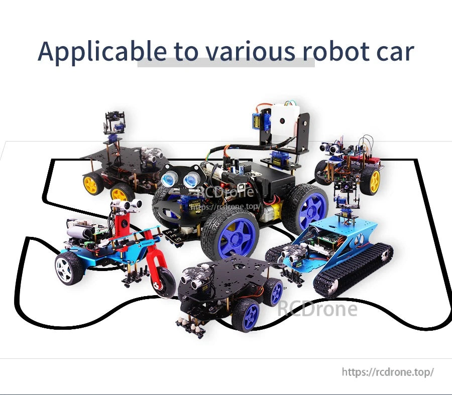 Various robot car models placed on the large track map to illustrate broad compatibility with different chassis types
