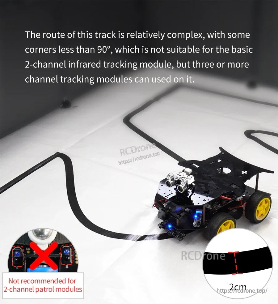 Robot smart car following the 2 cm black line on the complex route; note not recommended for basic 2‑channel modules