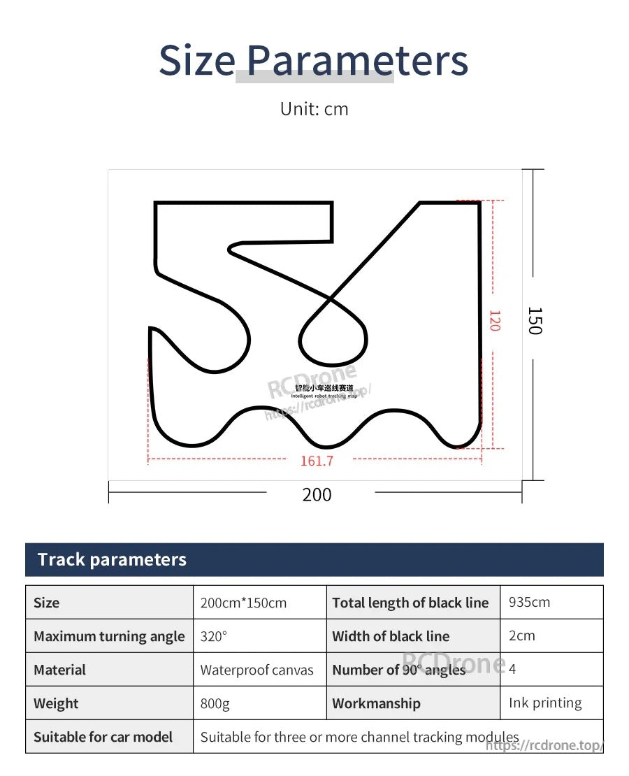 Tracking map size parameters diagram: 200×150 cm map, 935 cm total line length, 2 cm black line width, 320° max turn