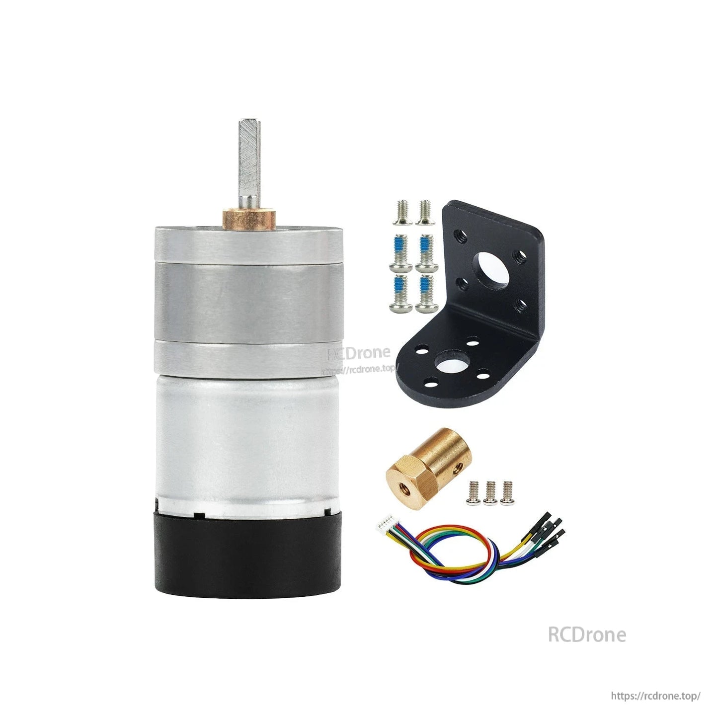 Motor kit with mounting bracket, screws, wire harness, and brass shaft coupler adapter