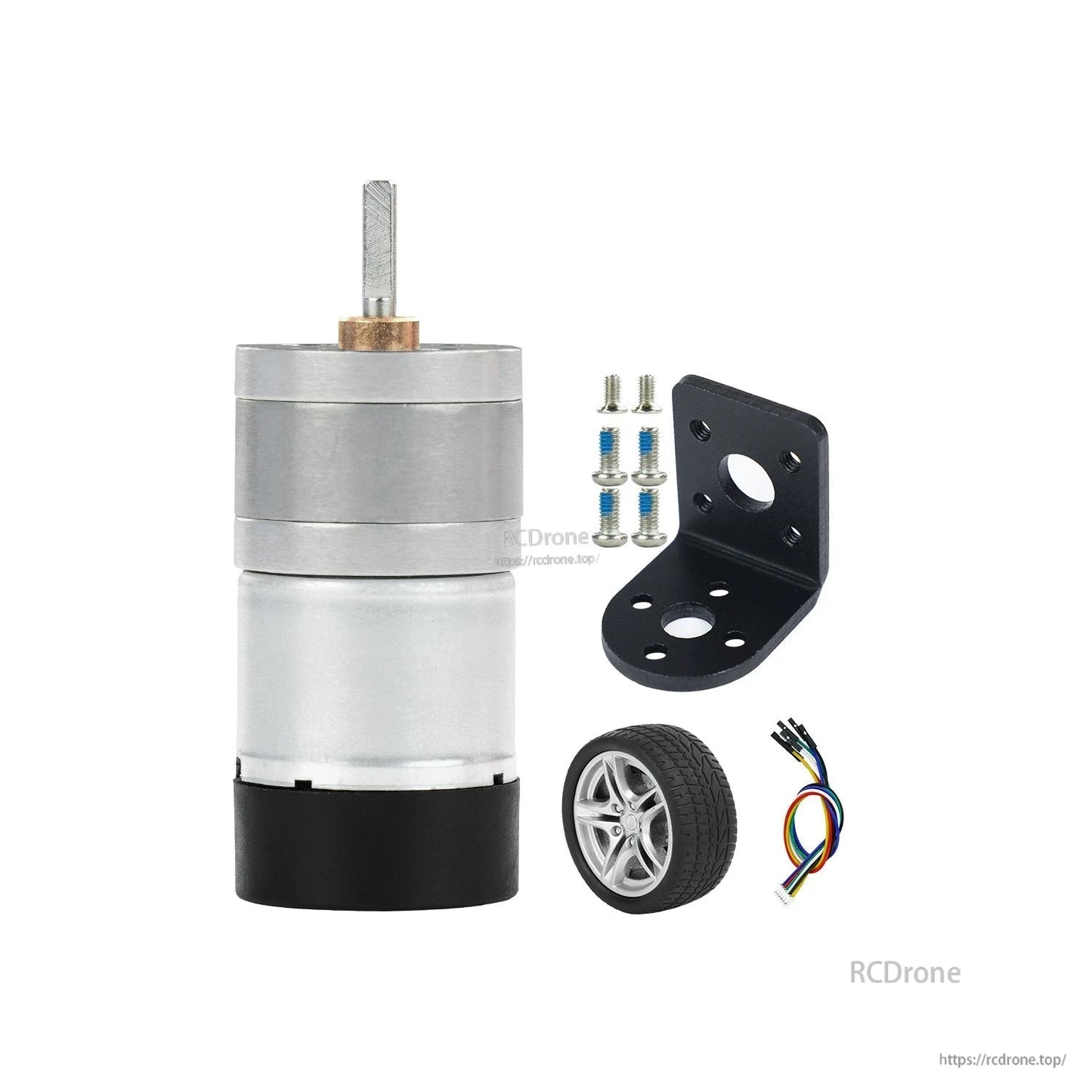 Motor kit with mounting bracket, screws, wire harness, and single rubber wheel accessory