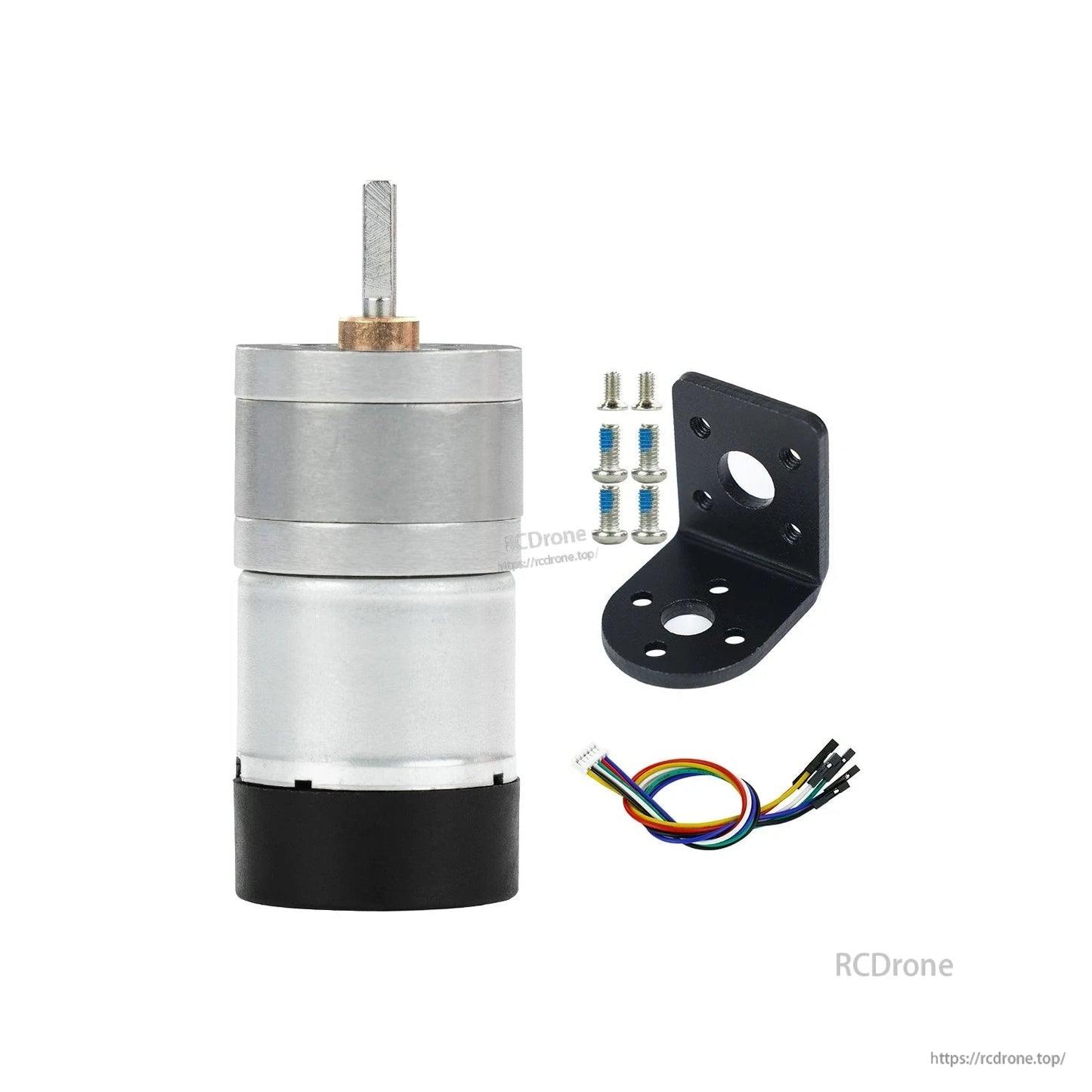 Motor kit contents with L-shaped mounting bracket, screws, and multicolor wire harness