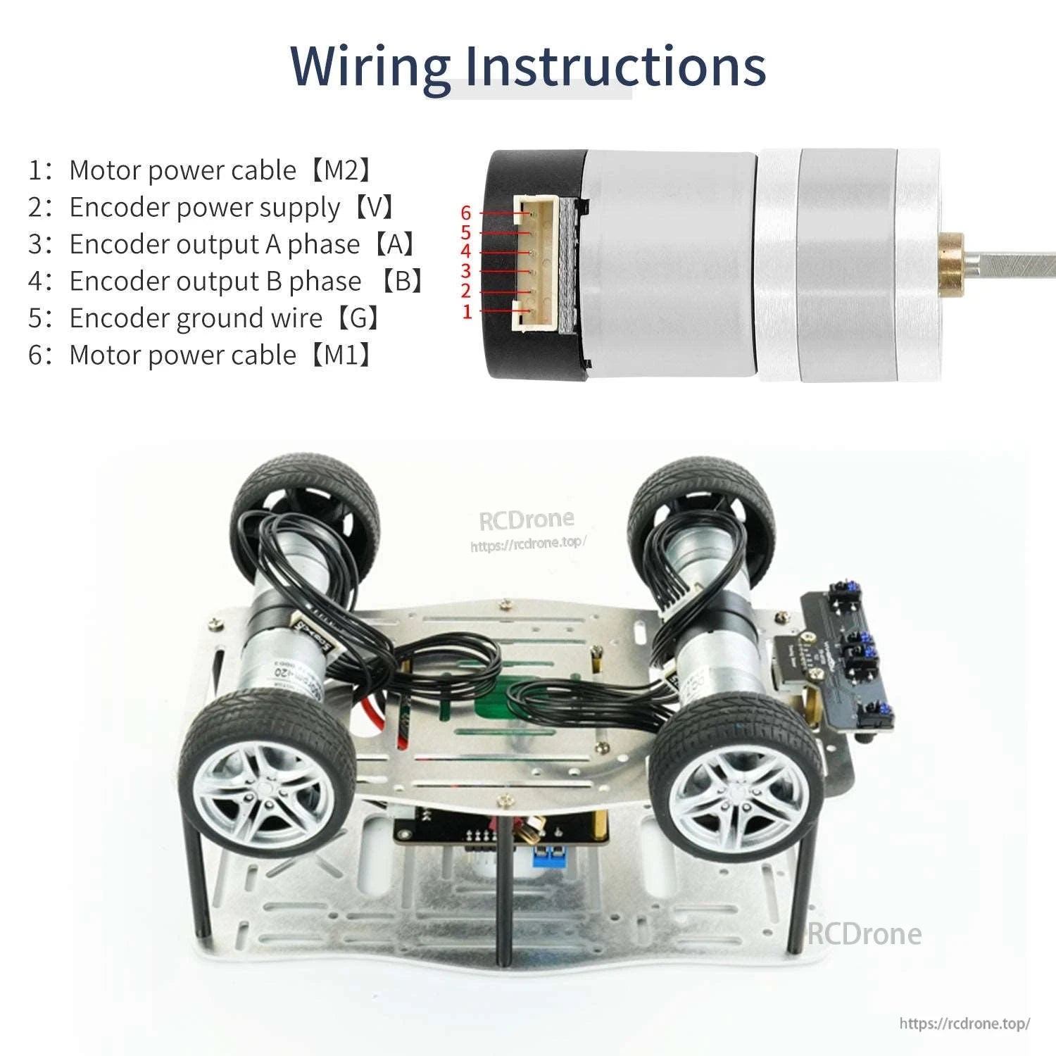 Wiring instructions diagram with encoder and motor power cable pinout, plus example robot car installation photo