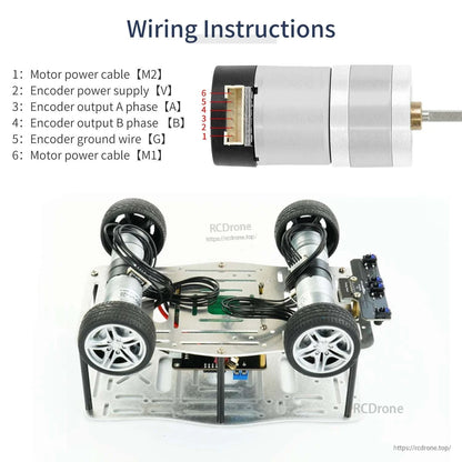 Wiring instructions diagram with encoder and motor power cable pinout, plus example robot car installation photo