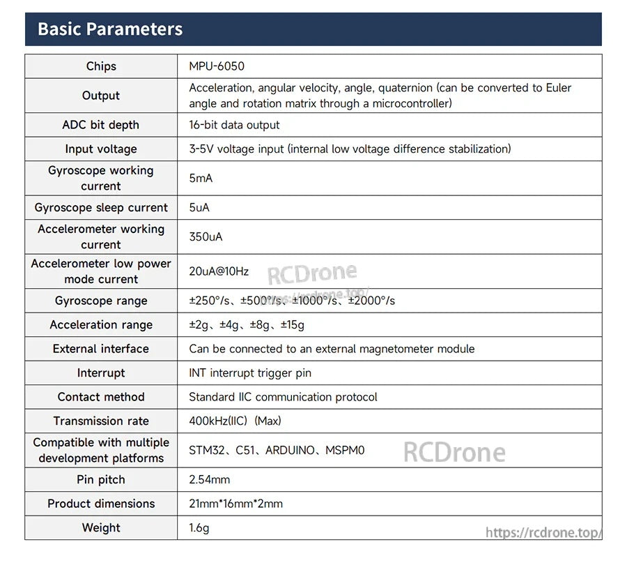 MPU-6050 basic parameters table showing voltage range, current, IIC speed, ranges, size, and weight