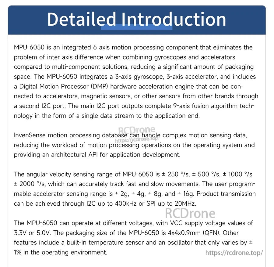 Detailed introduction text block describing MPU-6050 motion processing, DMP, ranges, and I2C speed