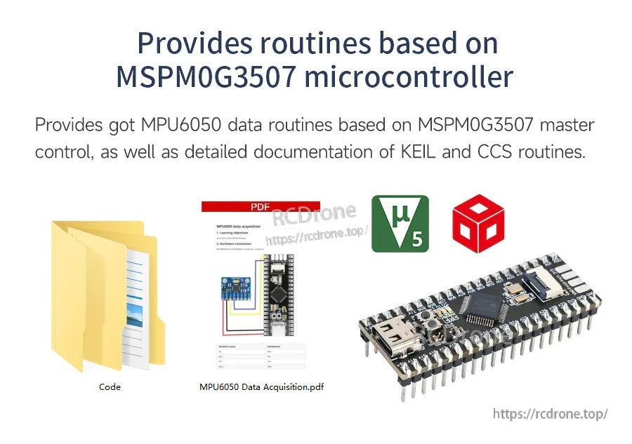 MSPM0G3507 routines graphic showing provided code package and PDF documentation for MPU6050 data