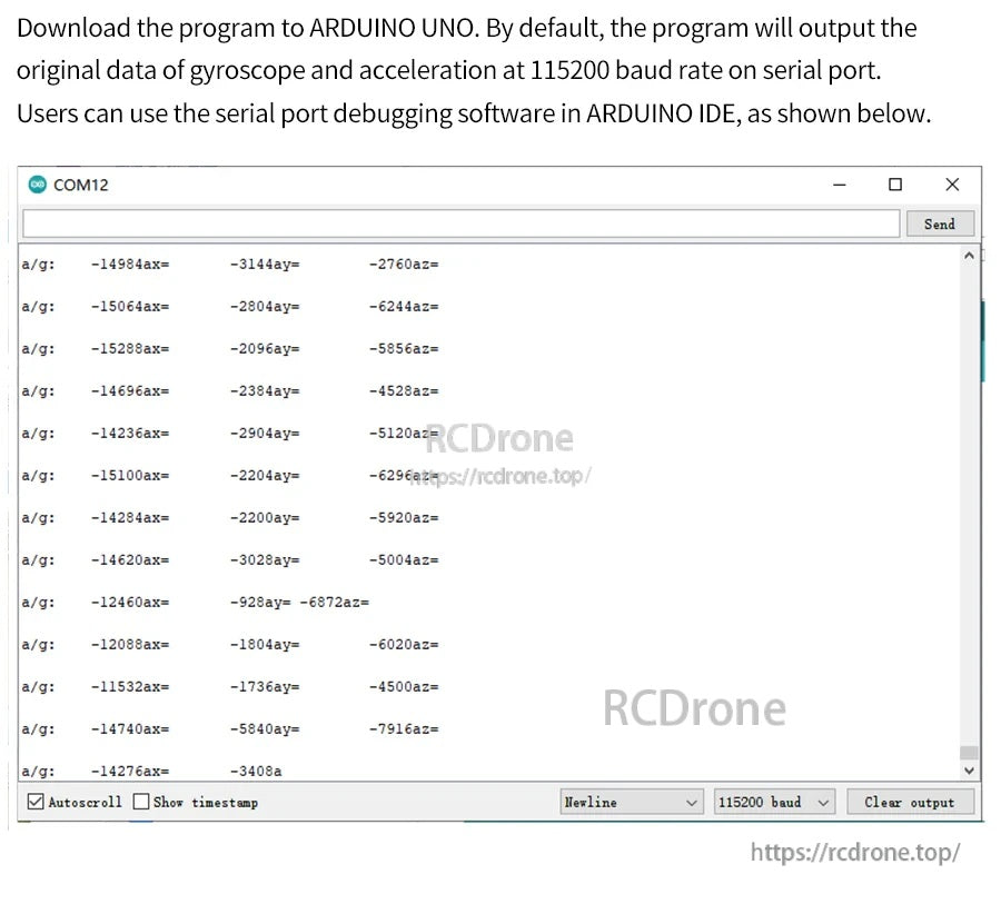 Arduino IDE Serial Monitor output listing raw MPU-6050 accelerometer and gyroscope readings