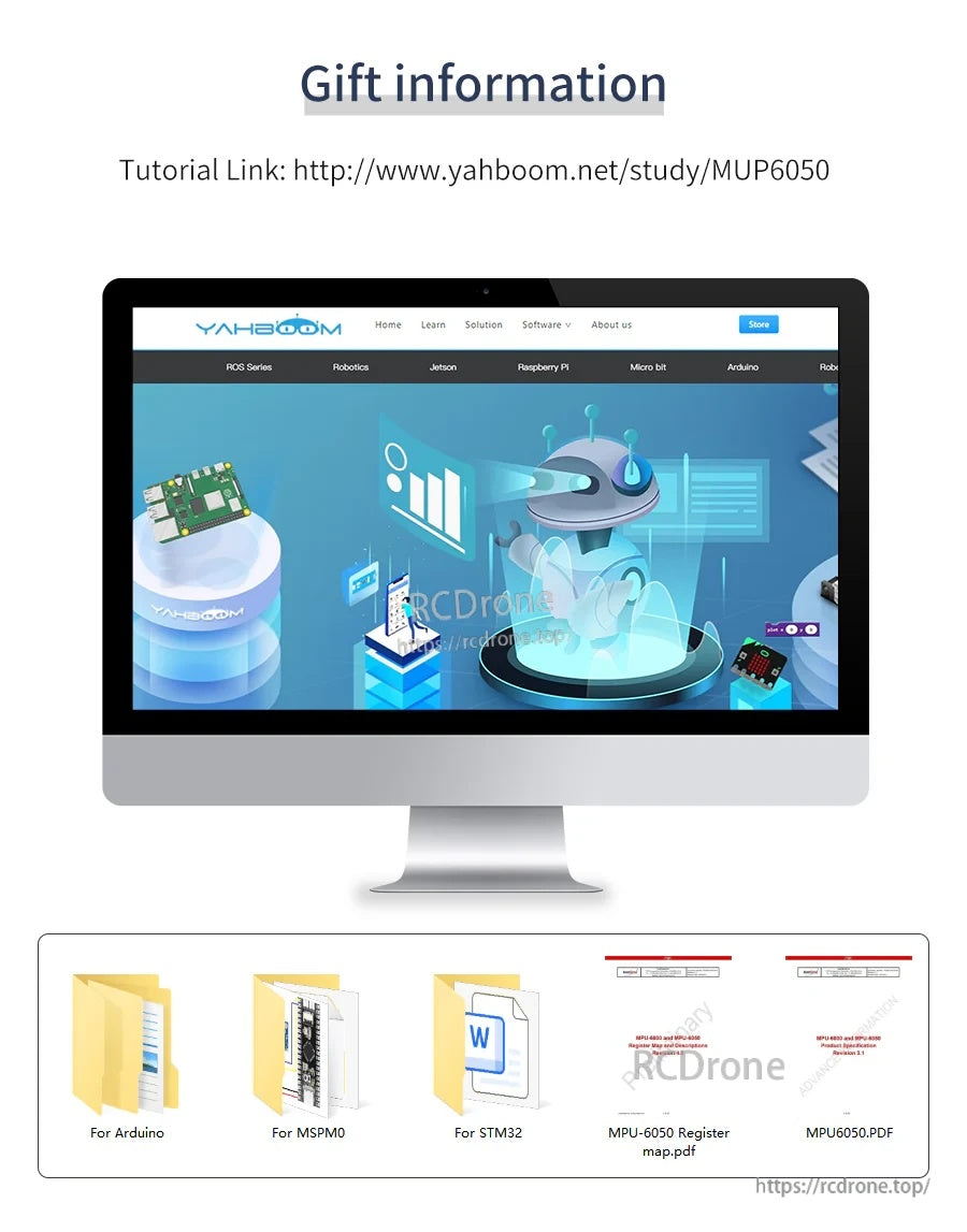 Gift information graphic with Yahboom MPU6050 tutorial link and downloadable code/document folders