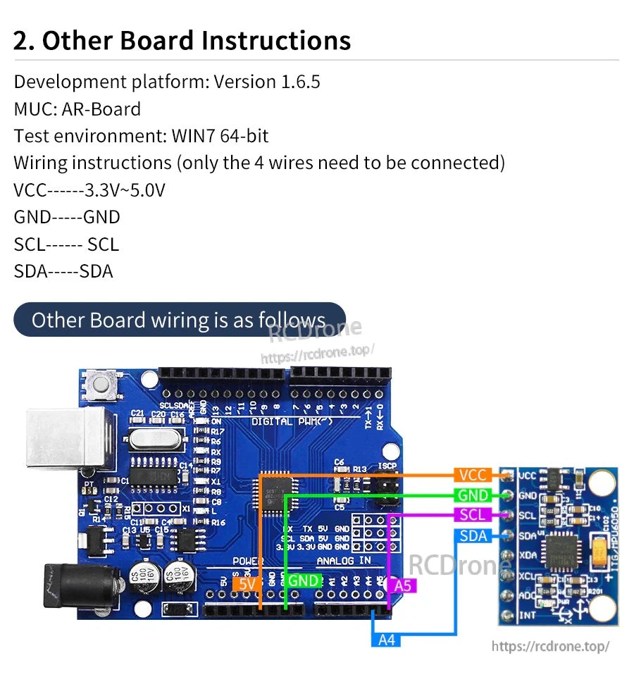 Arduino-style board wiring guide for MPU-6050 via IIC pins VCC, GND, SCL, and SDA