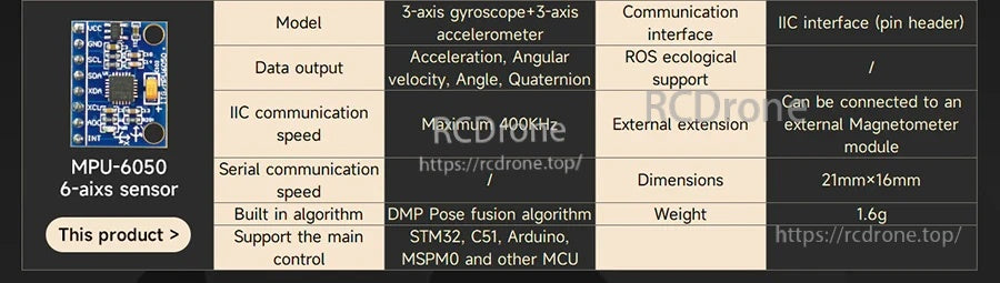 MPU-6050 6-axis sensor module feature summary table with IIC interface and output data types