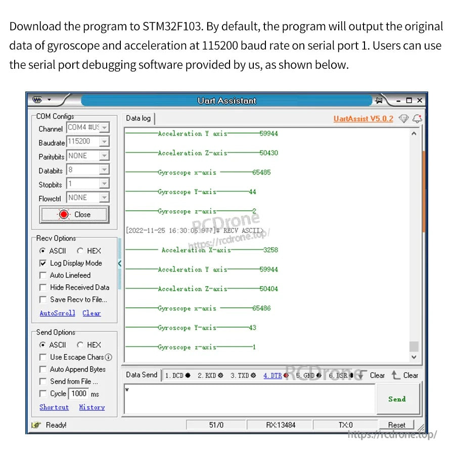Uart Assistant serial output screenshot showing acceleration and gyroscope axis readings