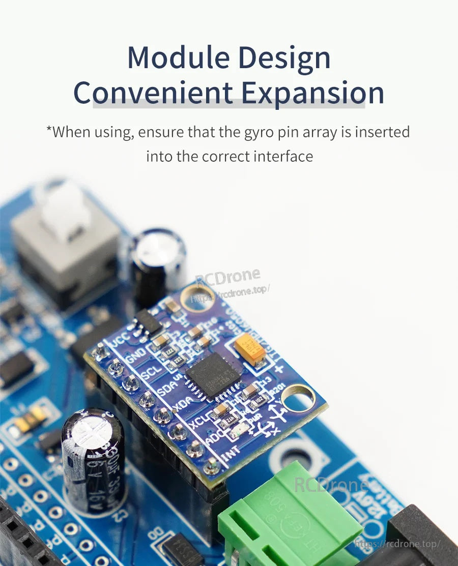 MPU-6050 breakout installed on a controller board, highlighting the pin header expansion connection
