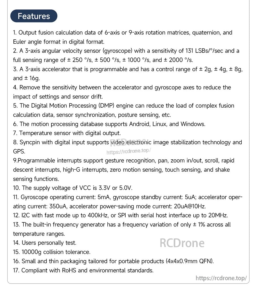 MPU-6050 features list including DMP, interrupts, power specs, and motion processing capabilities