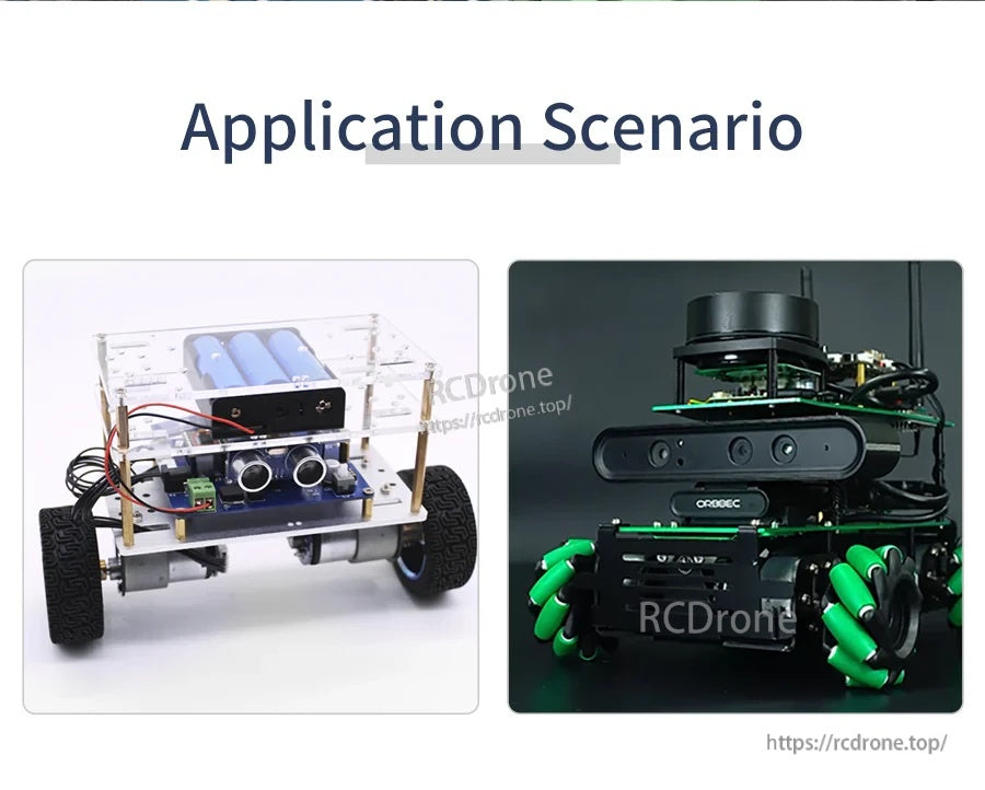 Application scenarios collage showing a DIY robot car platform and a tracked robot using IMU sensors