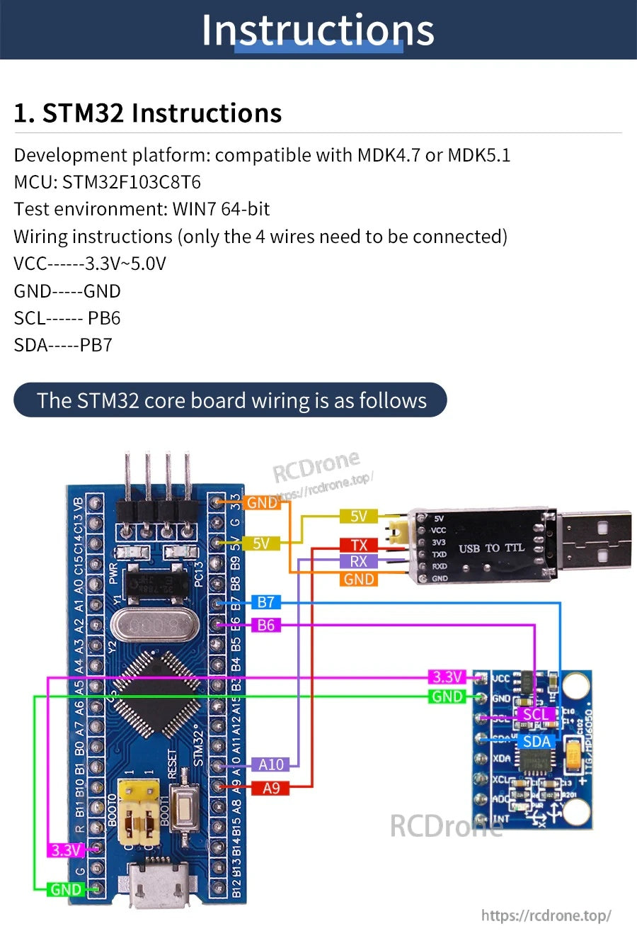STM32 wiring diagram for MPU-6050 IIC connections (VCC, GND, SCL, SDA) and serial adapter